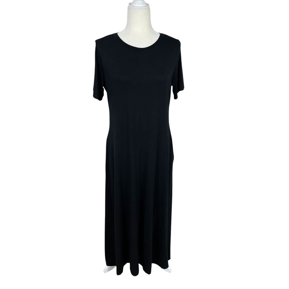 Eileen Fisher Jersey Knit Short Sleeve Midi Dress Black Small Minimalist Chic